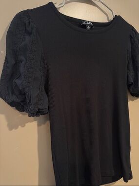 J. Crew Black Ribbed Puff-Sleeve Tee